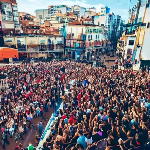 una banda en concierto dé música con vista desde la perspectiva del publico 
