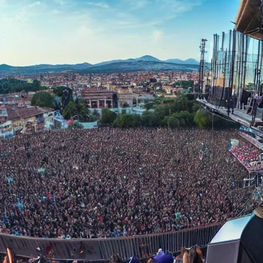 una banda en concierto dé música con vista desde la perspectiva del guitarrista
