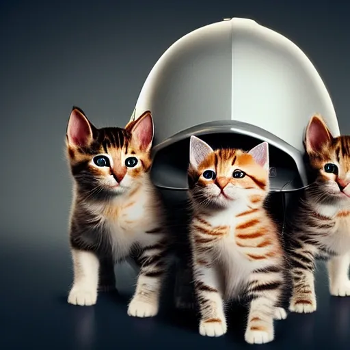 hyper-realistic-photo of  five well-drawn kittens whit engineering helmet, one female, simple background, realistic lighting,