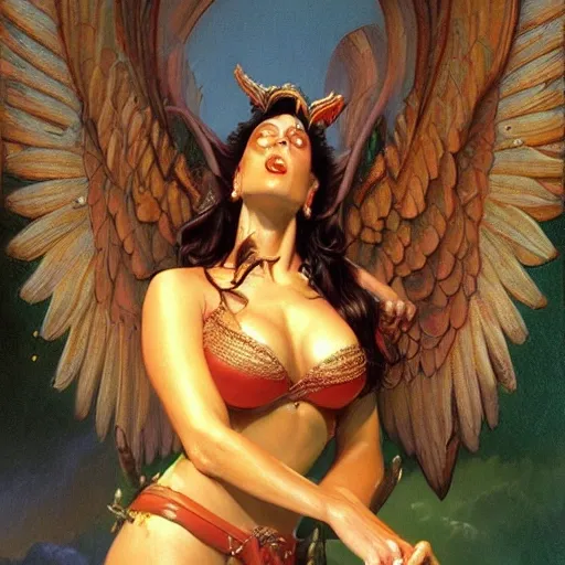 masterpiece_portrait, 
portrait full body of a sexy young redhead girl,wide hips,small brast,looking at the camera,smiling kindly,hypnotising eyes,detailed face,extremely detailed hands, curvaceous,small tight shorts and tshirt,sneakers,realistic shading,defined features,big beautiful mystical angel wings,painting by gaston bussiere, greg rutkowski, yoji shinkawa, yoshitaka amano, tsutomu nihei, donato giancola, tim hildebrandt, best quality:1.4), ((masterpiece)),((realistic)), (detailed)