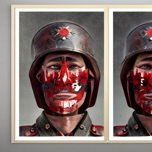 Warrior soviet portrait scars of combate in te face,realistic,4k,full detailed,ominous hambient,smoke,destrucción