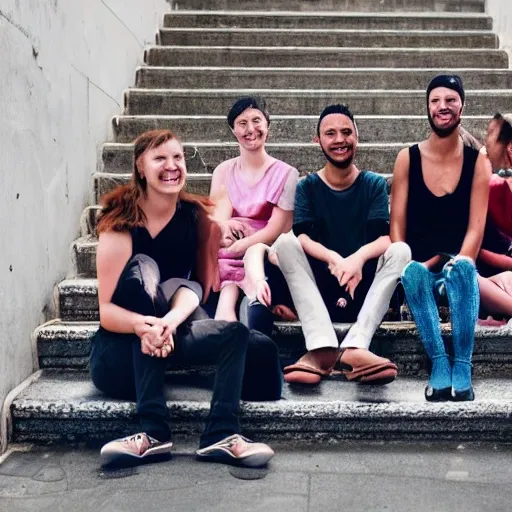 a group of people sitting on a stairs