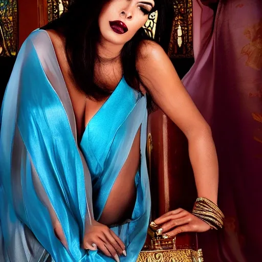 a woman with the beauty expectations of the 2010s and the body of a young Latina with not so pronounced curves, but with a very angelic and innocent face with white skin to the waist and brown skin to the feet with her private parts Turquoise blue color and such delicate vampire-like hair, covered by a semi-transparent silk cloak in a church scene with many children praying to her with their heads bowed, which means that her beauty is very beautiful to the point of not being admired or seen by anyone.