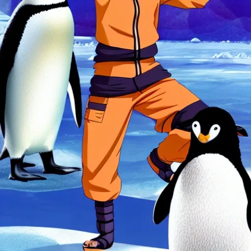 Naruto in a bathing suit with all his companions in an Antarctic scene with warm colors and surrounded by penguins