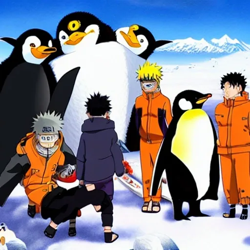 Naruto in a bathing suit with all his companions in an Antarctic scene with warm colors and surrounded by penguins