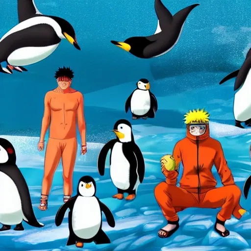 Naruto in a bathing suit with all his companions in an Antarctic scene with warm colors and surrounded by penguins