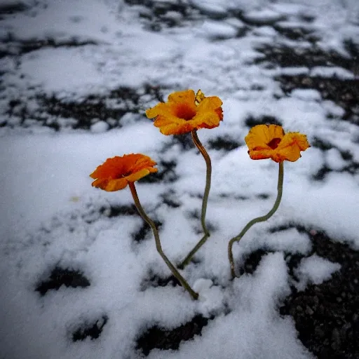 flowers in a snowy cold of Antarctica full of putrefaction and a chaotic sky full of sorrow and terror and the sea completely the color of blood.