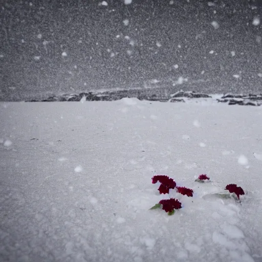 flowers in a snowy cold of Antarctica full of putrefaction and a chaotic sky full of sorrow and terror and the sea completely the color of blood.