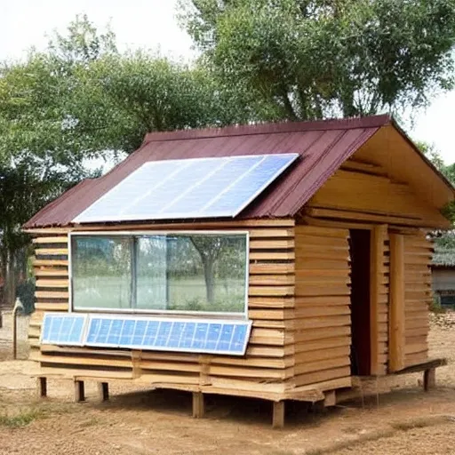 To create a wooden kiosk with a window and a corrugated iron roof. The roof should have a solar panel.
