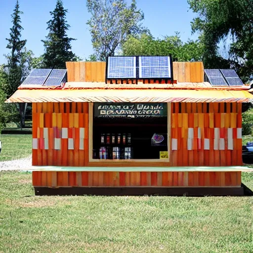 Sure! Here's a design for a candy vending kiosk made of wood, with a window and a corrugated metal roof, complete with a solar panel.
