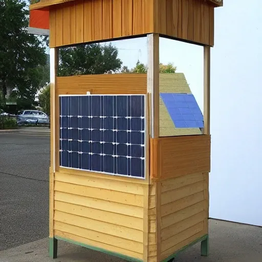 Sure! Here's a design for a candy vending kiosk made of wood, with a window and a corrugated metal roof, complete with a solar panel.
