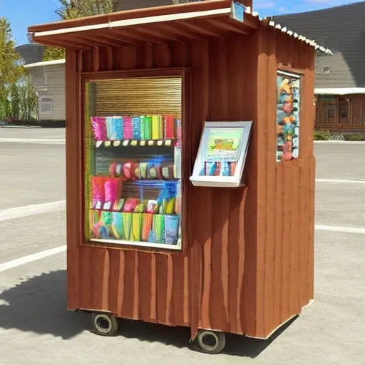 Sure! Here's a design for a candy vending kiosk made of wood, with a window and a corrugated metal roof, complete with a solar panel.
