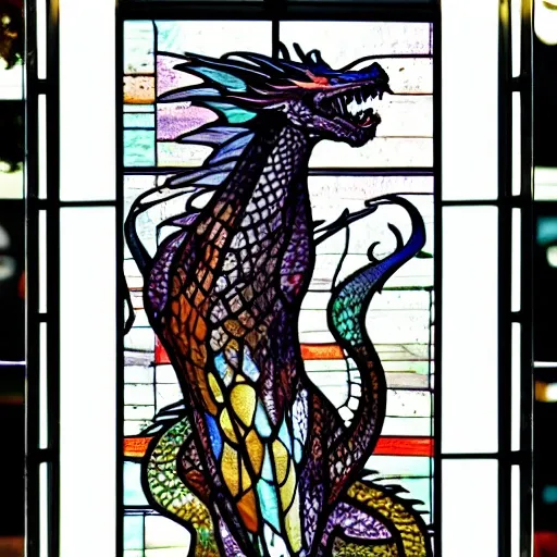  style of inio asano A stunning stained glass design featuring a majestic dragon, high quality, light colors, perfect definition, full body, standing on 4 legs