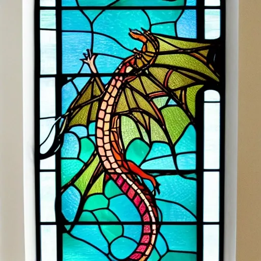  style of inio asano A stunning stained glass design featuring a majestic dragon, high quality, light colors, perfect definition, full body, standing on 4 legs, Water Color