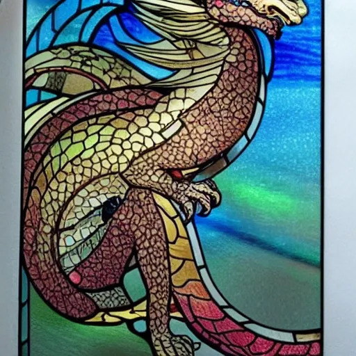  style of inio asano A stunning stained glass design featuring a majestic dragon, high quality, light colors, perfect definition, full body, standing on 4 legs, Water Color, Pencil Sketch