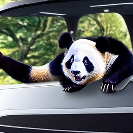 Time traveler panda who is traveling to another dimension with a futuristic car