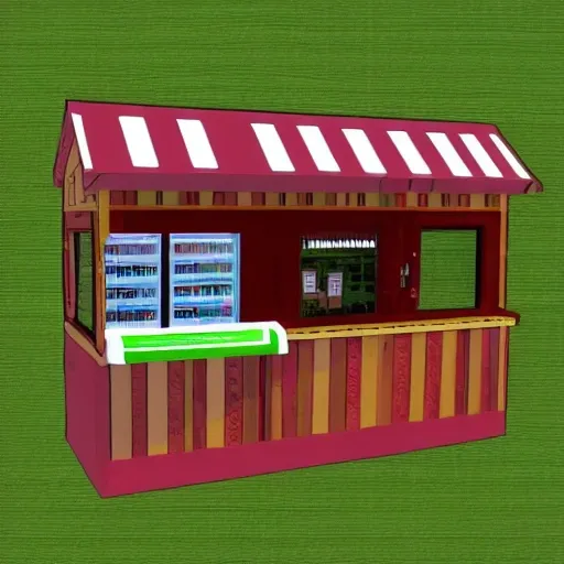 Sure! Here's a design for a candy vending kiosk made of wood, with a window and a corrugated metal roof, complete with a solar panel.
