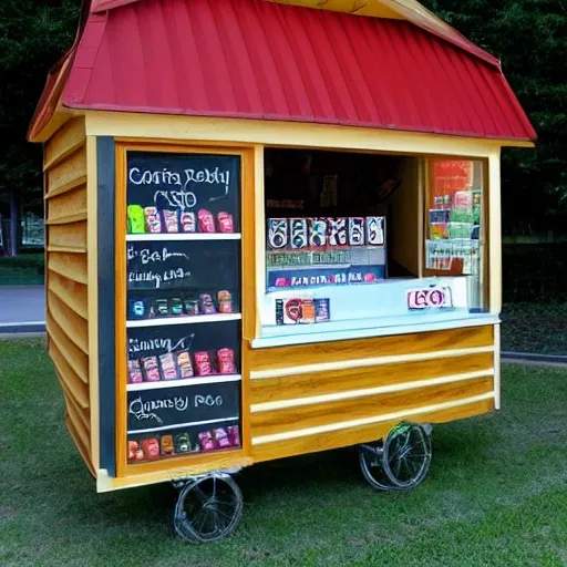 Sure! Here's a design for a candy vending kiosk made of wood, with a window and a corrugated metal roof, complete with a solar panel.
