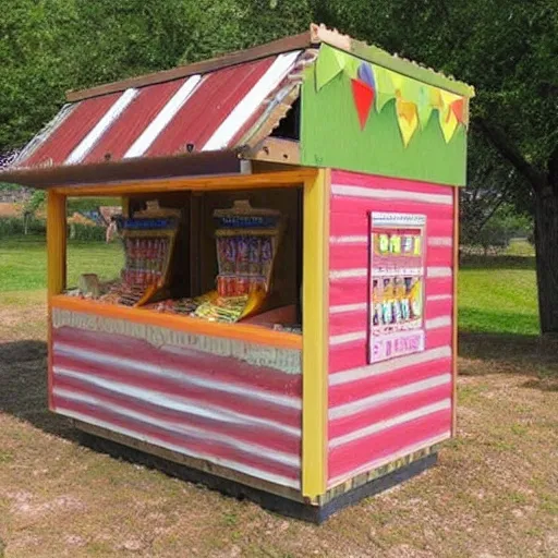 Sure! Here's a design for a candy vending kiosk made of wood, with a window and a corrugated metal roof, complete with a solar panel.
