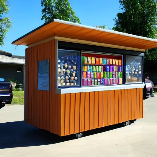 Sure! Here's a design for a candy vending kiosk made of wood, with a window and a corrugated metal roof, complete with a solar panel.
