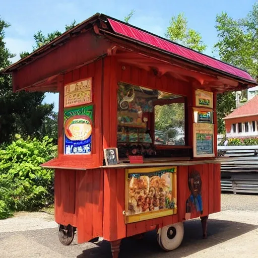 I would like to commission a European-style wooden candy kiosk with a window and a corrugated metal roof. The roof should be equipped with a solar panel to power the kiosk.