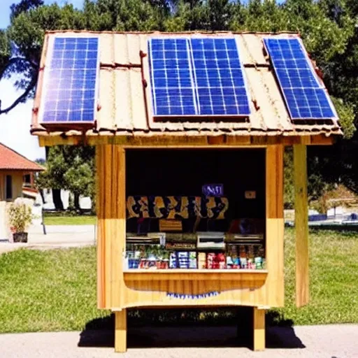 I would like to commission a European-style wooden candy kiosk with a window and a corrugated metal roof. The roof should be equipped with a solar panel to power the kiosk.