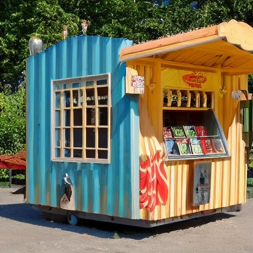 I would like to commission a European-style wooden candy kiosk with a window and a corrugated metal roof. The roof should be equipped with a solar panel to power the kiosk.