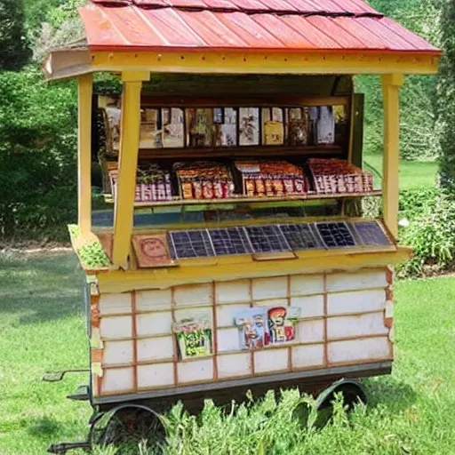 I would like to commission a European-style wooden candy kiosk with a window and a corrugated metal roof. The roof should be equipped with a solar panel to power the kiosk.