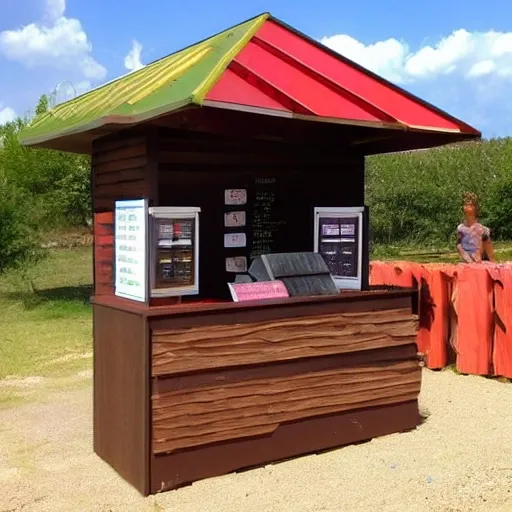 Create a candy sales kiosk. The kiosk will be made of wood with a window and a corrugated metal roof. The roof must have a solar panel and WiFi connection. The style should be European.