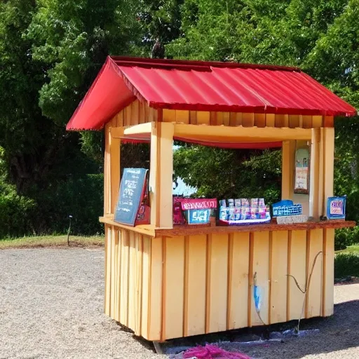 Create a candy sales kiosk. The kiosk will be made of wood with a window and a corrugated metal roof. The roof must have a solar panel and WiFi connection. The style should be European.