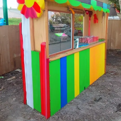 Create a candy sales kiosk. The kiosk will be made of wood with a window and a corrugated metal roof. The roof must have a solar panel and WiFi connection. 