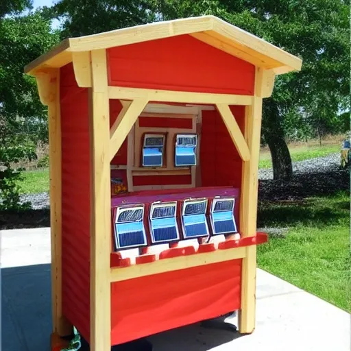 Create a candy sales kiosk. The kiosk will be made of wood with a window and a corrugated metal roof. The roof must have a solar panel and WiFi connection. 