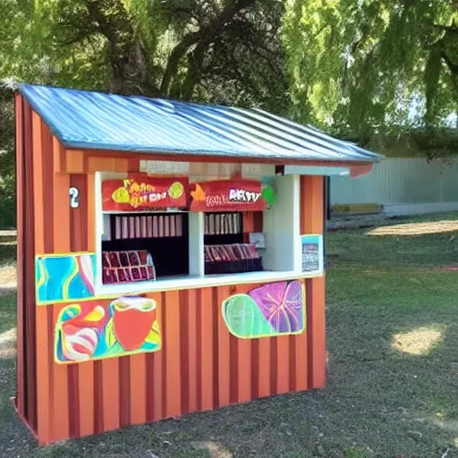 Create a candy sales kiosk. The kiosk will be made of wood with a window and a corrugated metal roof. The roof must have a solar panel and WiFi connection. 