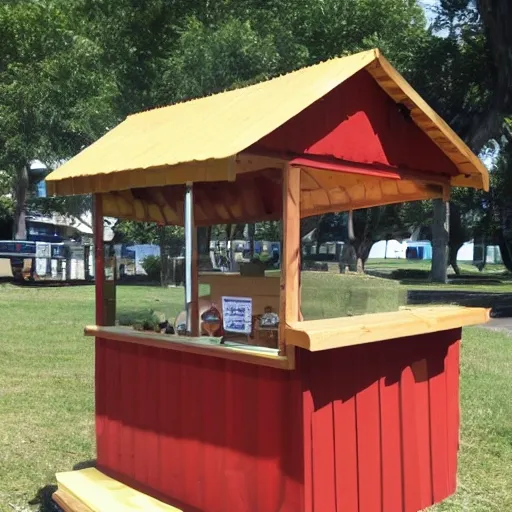 Create a candy sales kiosk. The kiosk will be made of wood with a window and a corrugated metal roof. The roof must have a solar panel and WiFi connection. 