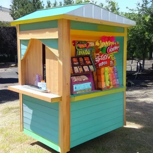 Create a candy sales kiosk. The kiosk will be made of wood with a window and a corrugated metal roof. The roof must have a solar panel and WiFi connection. 