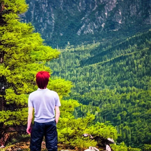 Anime guy at the mountains seeing behind