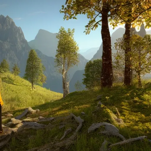 realistic mountain, oaks, ash trees, hinds, photorealistic european man, bright colors, unreal engine highly rendered