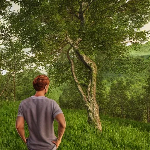 photorealistic european man, close face, beautiful scenery, realistic green mountains and green waters, perfect picture quality, oaks, ash trees, hinds,  bright colors, unreal engine highly rendered