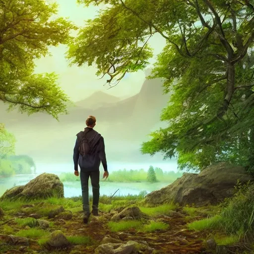 realistic green mountains and green waters, beautiful scenery, perfect picture quality, oaks, ash trees, hinds, bright colors, unreal engine highly rendered, portrait full body man european walking, extremely detailed face and eyes, oil on canvas, trending on artstation, featured on pixiv, cinematic composition, extreme detail, metahuman creator