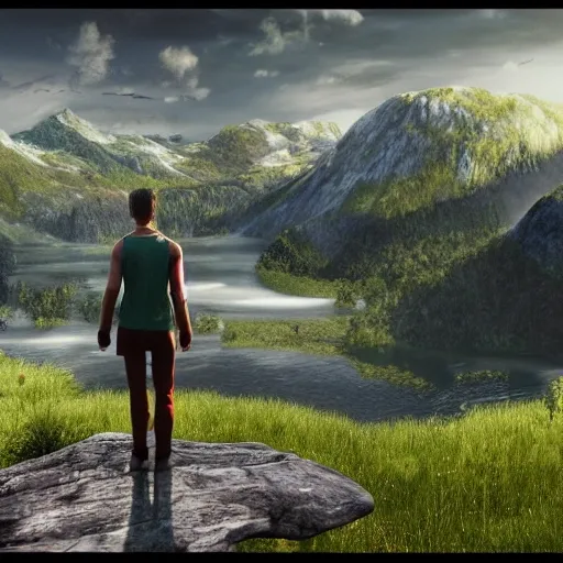 4k, 1920x1080, realistic green mountains and green waters, beautiful scenery, perfect picture quality, oaks, ash trees, hinds, bright colors, unreal engine highly rendered, portrait full body teen european walking, extremely detailed face and eyes, oil on canvas, trending on artstation, featured on pixiv, cinematic composition, extreme detail, metahuman creator