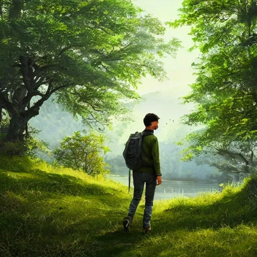 4k, realistic green mountains and green waters, beautiful scenery, perfect picture quality, oaks, ash trees, hinds, bright colors, unreal engine highly rendered, portrait full body teen european walking, extremely detailed face and eyes, oil on canvas, trending on artstation, featured on pixiv, cinematic composition, extreme detail, metahuman creator