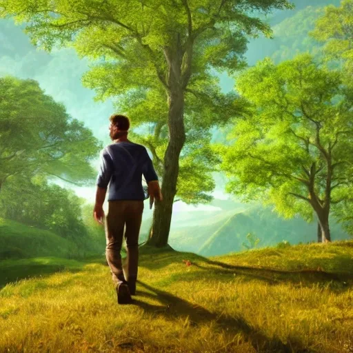 realistic green mountains, beautiful scenery, perfect picture quality, oaks, ash trees, hinds, bright colors, unreal engine highly rendered, portrait full body man european walking, extremely detailed face and eyes, oil on canvas, trending on artstation, featured on pixiv, cinematic composition, extreme detail, metahuman creator