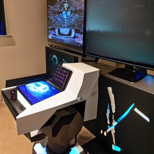 gaming room setup, robot hand coming out of pc screen - Arthub.ai