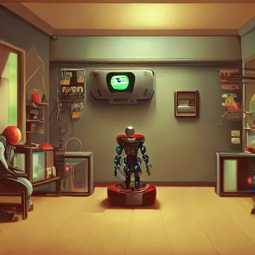 gaming room setup, robot with human figure controlling all things, oil on canvas, trending on artstation, featured on pixiv, cinematic composition, extreme detail, metahuman creator, Size: 1920x1080, 