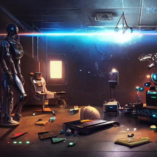 gaming room setup, robot with human figure controlling all things, oil on canvas, trending on artstation, featured on pixiv, cinematic composition, extreme detail, metahuman creator, Size: 1920x1080, 