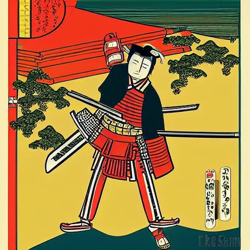 Retro illustration, pop art, decorative collage illustration with ukiyo-e samurai holding swords as the main element of the picture