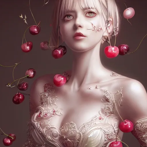 the portrait of the absurdly beautiful, graceful, elegant, gorgeous, fashionable photorealistic anime european woman made of cherries and white petals with tears, an ultrafine hyperrealistic illustration by kim jung gi, irakli nadar, intricate linework, bright colors, octopath traveler, final fantasy, unreal engine highly rendered, global illumination, radiant light, intricate environment