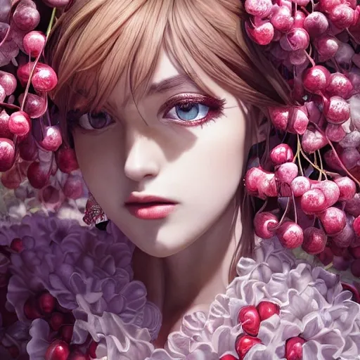 the portrait of the absurdly beautiful, graceful, elegant, gorgeous, fashionable photorealistic anime european woman made of cherries and white petals with tears, an ultrafine hyperrealistic illustration by kim jung gi, irakli nadar, intricate linework, bright colors, octopath traveler, final fantasy, unreal engine highly rendered, global illumination, radiant light, intricate environment