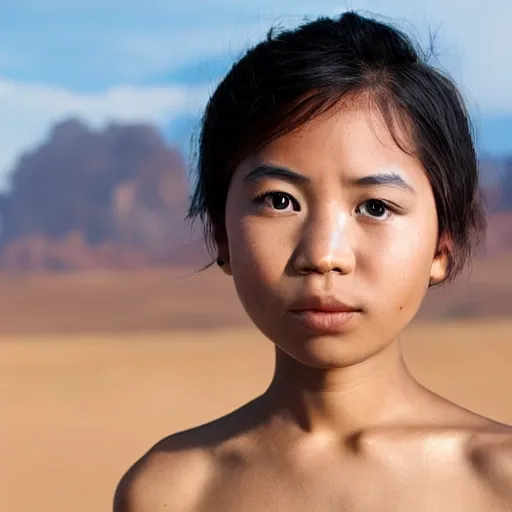 raw portrait of thai girl with short hair stand in desert, realistic,