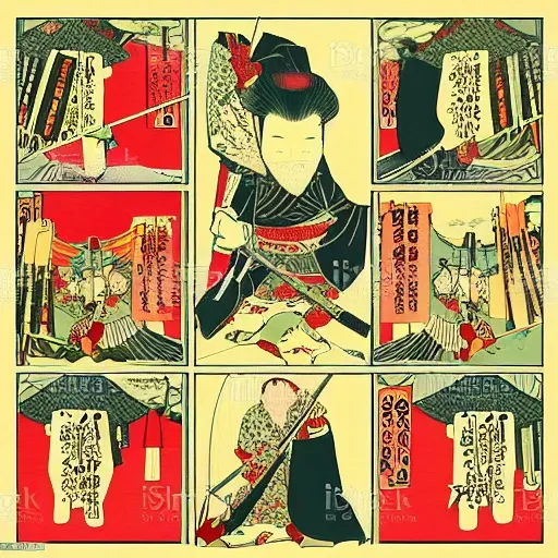 Vintage japanese designs, decorative collage illustration with ukiyo-e samurai holding swords as the main element of the picture, Retro illustration, pop art